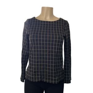 J. Jill Ponte Knit Top Petite XS Black Windowpane Grid Long Sleeve Button Detail